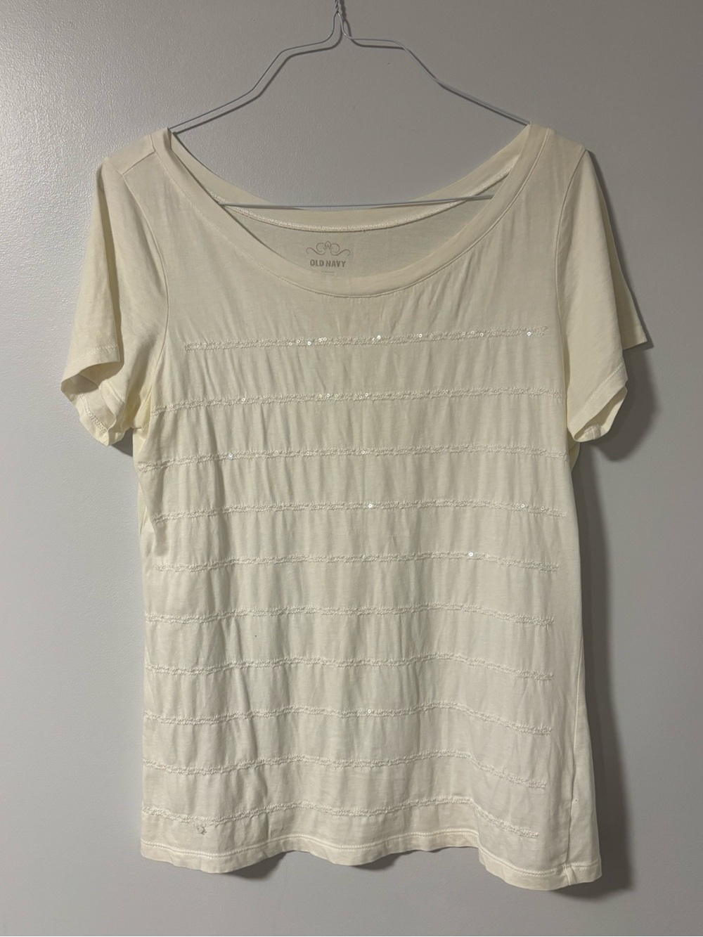 Old Navy White Horizontal Sequins Short Sleeve Sheer T-Shirt Size Large